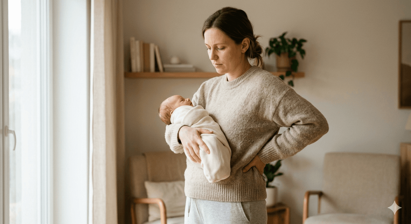 New mother experiencing postpartum back pain
