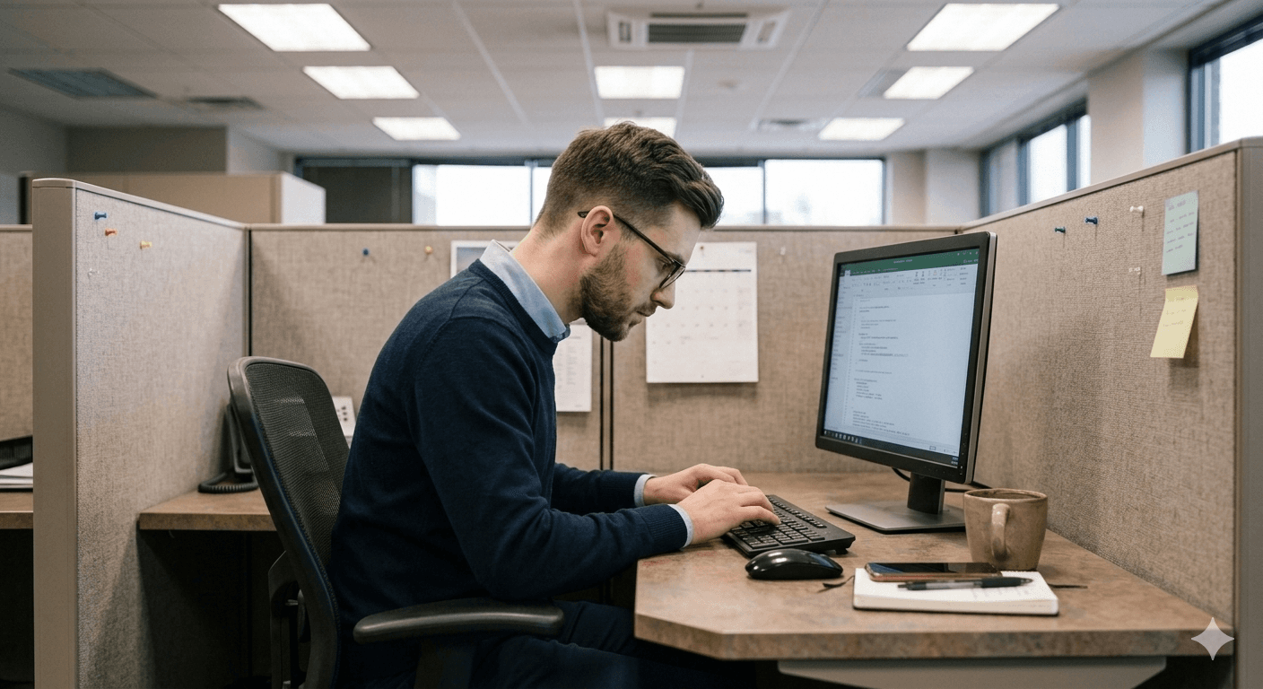 Office worker at desk experiencing tech neck posture strain