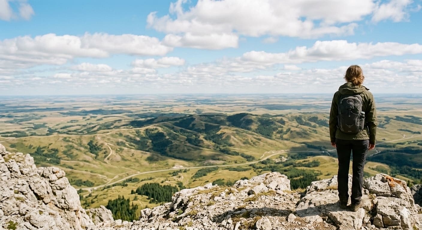 Hiker standing on a mountain summit overlooking the Alberta foothills